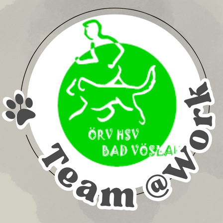 Logo mit einem grünen Kreis, auf dem eine Person mit einem Hund abgebildet ist, und der Text ORV HSV BAD VOSLAN. Das Design beinhaltet einen Pfotenabdruck links und Team@Work in weiß geschrieben.