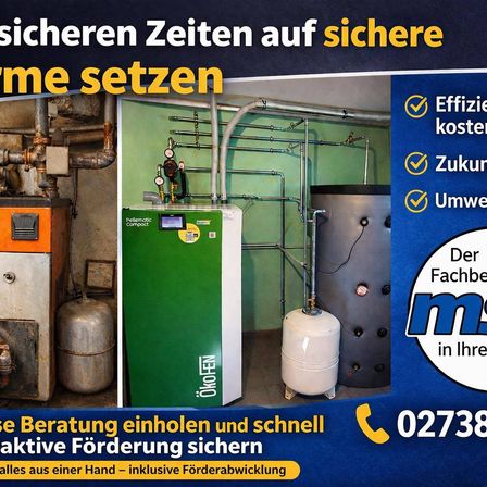 Eine Werbung zeigt alte und neue Heizungssysteme. Betont Effizienz, niedrigere Kosten und Umweltfreundlichkeit. Ruft zu Expertenrat und schnellem Handeln auf. Telefonnummer angegeben.
