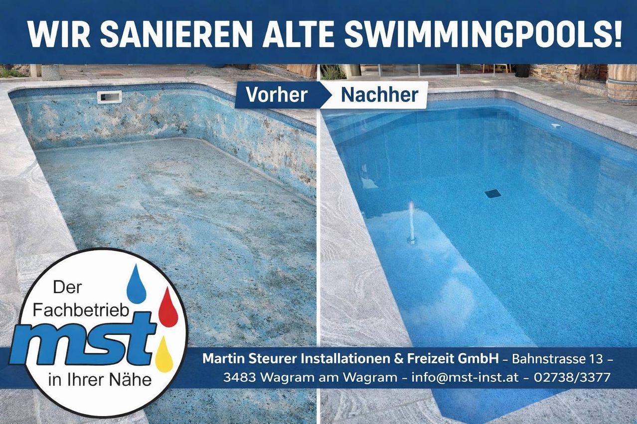 Vor-und-Nachher-Vergleich einer Schwimmbadsanierung durch Martin Steuer Installationen & Freizeit GmbH. Der Pool wird von schmutzig zu sauber verwandelt.