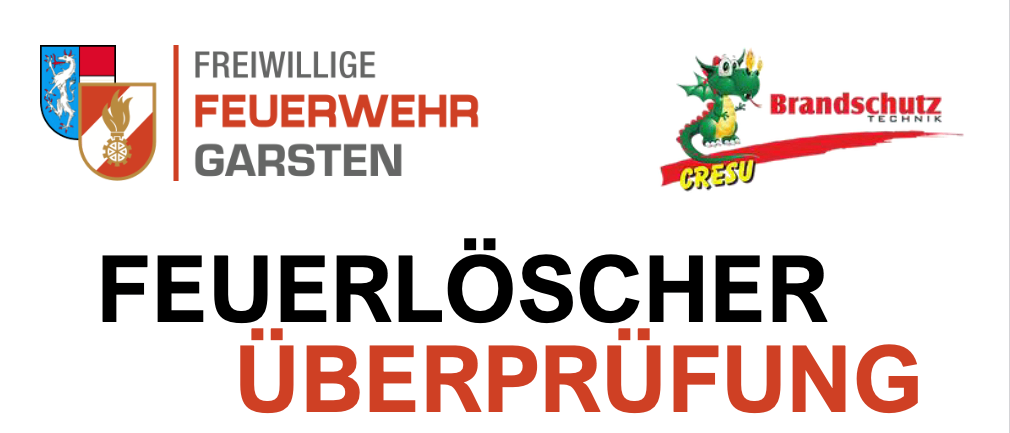 Ein Plakat für die Überprüfung von Feuerlöschern, geplant für Samstag, 17. Oktober von 07:30 bis 12:00 Uhr im Feuerwehrhaus Garsten. Es erwähnt die gesetzliche Verpflichtung zur Überprüfung alle zwei Jahre.