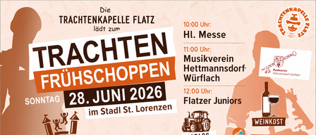 An advertisement for the Achtenkappe Flatz event on June 28, 2026 in St. Lorenzen, featuring a tractor, a girl with face paint, and a church.