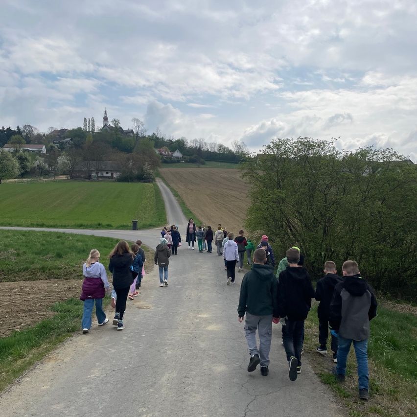 Eine Gruppe von Kindern läuft auf einem Pfad zwischen Feldern. Einige Erwachsene sind ebenfalls anwesend und in der Ferne befindet sich eine Stadt.