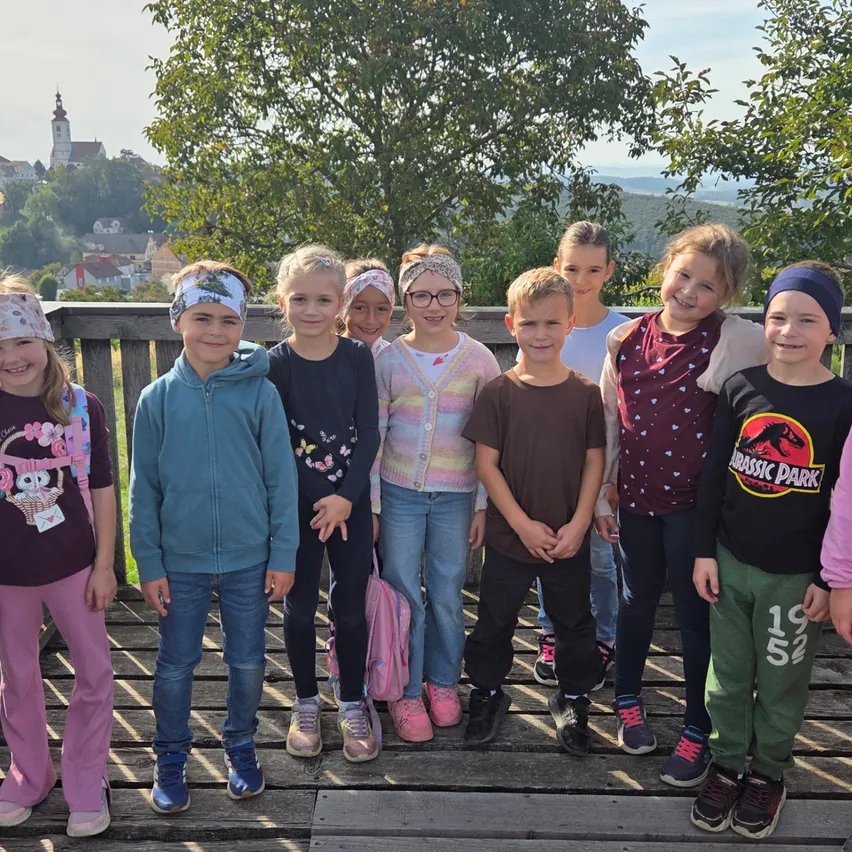 Eine Gruppe von Kindern steht auf einer Holzterrasse und posiert für ein Foto. Sie tragen verschiedene Kleidungsstücke und einige von ihnen haben Accessoires wie Stirnbänder und Brillen. Hinter ihnen befinden sich Bäume und eine Aussicht auf eine Stadt mit Gebäuden und einem Turm.