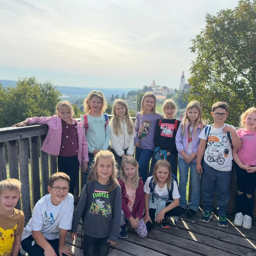 Eine Gruppe von Kindern, sowohl Jungen als auch Mädchen, steht auf einer Holzterrasse und lächelt für ein Gruppenfoto. Sie sind in verschiedenen Freizeitoutfits gekleidet, und der Hintergrund zeigt eine malerische Aussicht mit Bäumen und einer entfernten Stadt.