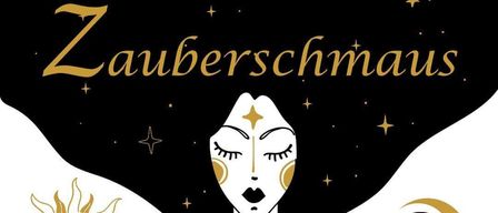 Ein schwarzer Hintergrund mit einer goldenen Illustration einer Frau mit Krone und einem Mann und einer Frau an den Seiten.