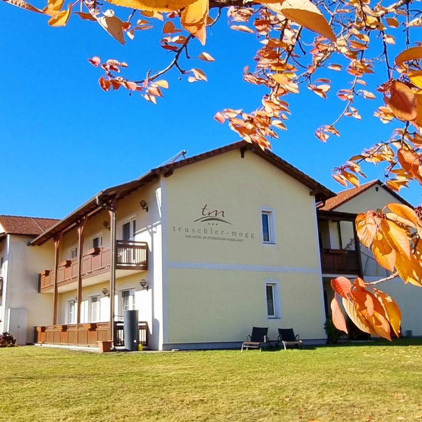 Ein großes Haus mit vielen Fenstern und einem Balkon, umgeben von einem üppigen grünen Rasen, unter einem blauen Himmel mit orangefarbenen Blättern.