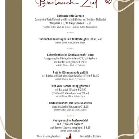 Ein Menü für das deutsche Restaurant Barlauch Zeit mit verschiedenen Gerichten, die Knoblauch enthalten, wie Knoblauch-Pasta, Knoblauch-Risotto, Knoblauch-Püree und mehr.