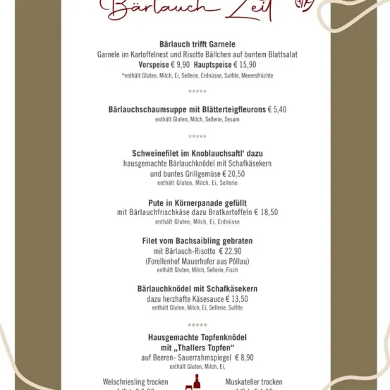 Ein Menü für das deutsche Restaurant Barlauch Zeit mit verschiedenen Gerichten, die Knoblauch enthalten, wie Knoblauch-Pasta, Knoblauch-Risotto, Knoblauch-Püree und mehr.
