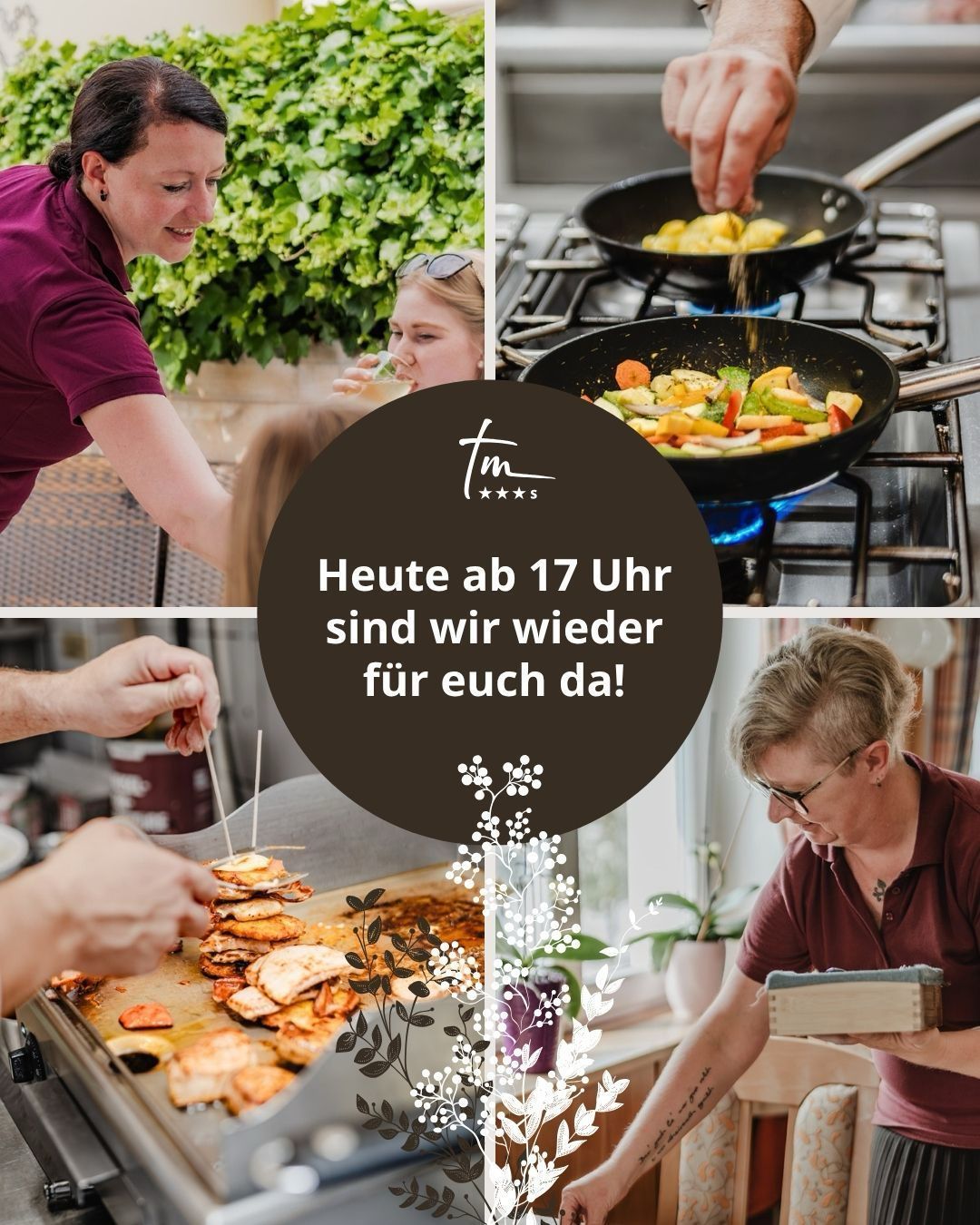 Koch bereitet Speisen zu, Kellnerin bedient Gäste, Frau arrangiert Dekoration