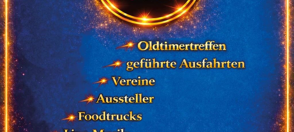 Plakat für Oldtimer und Kreativ-Car Club-Event am 17. Mai um 9 Uhr mit einem Oldtimer, Oldtimer-Treffen, geführten Ausfahrten, Vereinen, Ausstellern, Food Trucks, Live-Musik und Kinderprogramm.