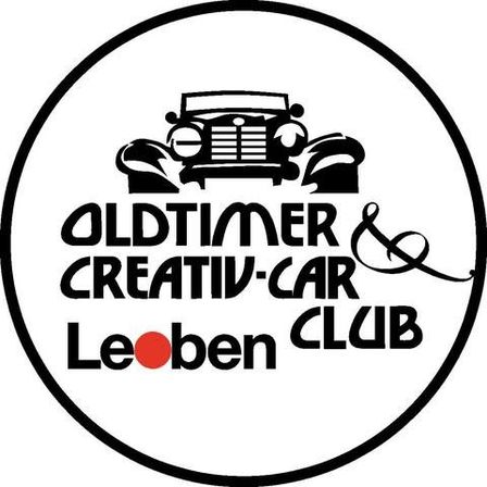 Das Logo zeigt ein altmodisches Auto mit den Worten 'Oldtimer & Creative-Car Club Leben'. Das Auto hat ein Vintage-Design mit einem runden Logo vorne. Der Text ist in Schwarz auf weißem Hintergrund geschrieben.