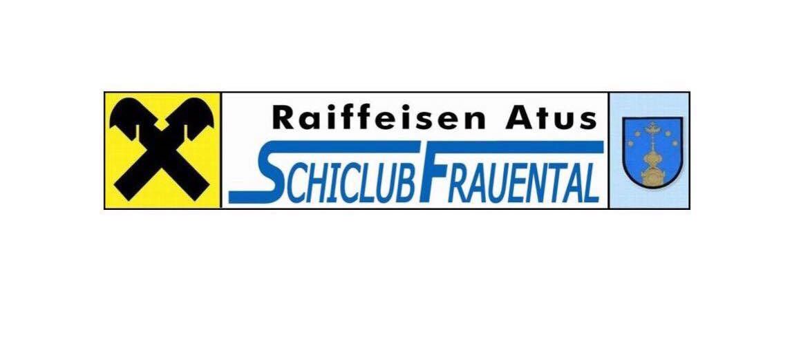 Das Logo für Raiffeisen Atus Schiclub Frauental zeigt einen gelben Hammer, blauen und weißen Text und ein goldenes Wappen.