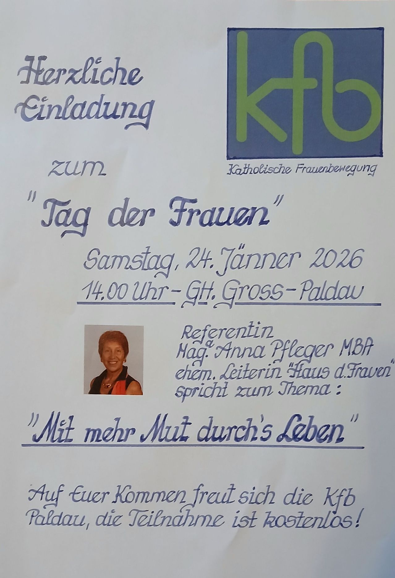 An invitation from KIO to the 'Tag der Frauen' on Saturday, January 24, 2026, at 2:00 PM at Gross-Paldau. Referentin Mag. Anna Pfleger MBA, former leader of Haus der Frauen, will speak on the theme 'With more courage through life.'