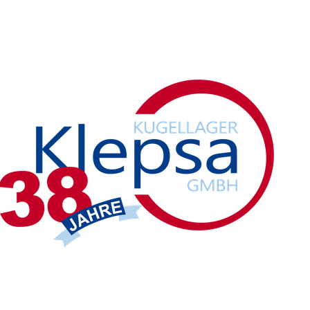 Das Logo für Kugellager Klepsa GmbH. Das Logo zeigt die Zahl 38 in Rot mit einem darunterliegenden Band und den Firmennamen in Blau und Weiß. Der Hintergrund ist schwarz.