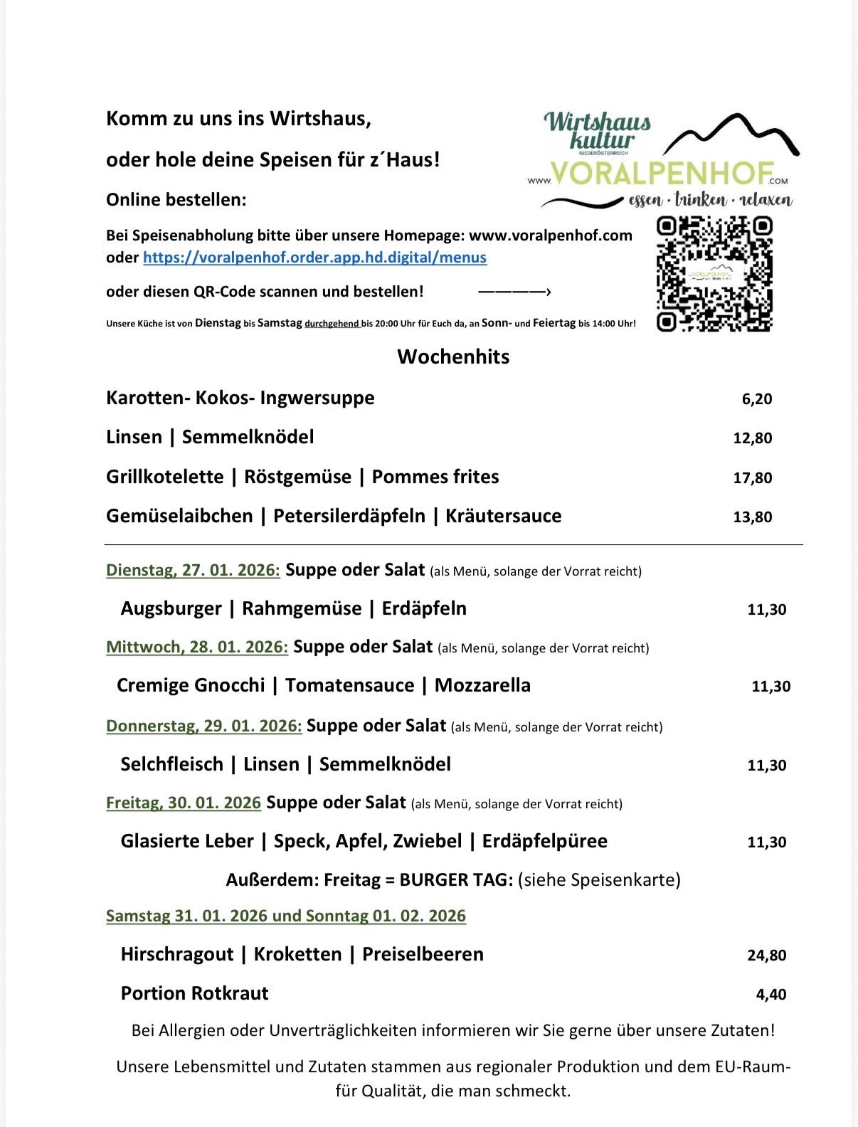 Menüdetails für das Restaurant Voralpenhof, einschließlich Suppe oder Salat Optionen, verschiedene Fleischgerichte und ein QR-Code zum Bestellen. Wochenplan und Preise.
