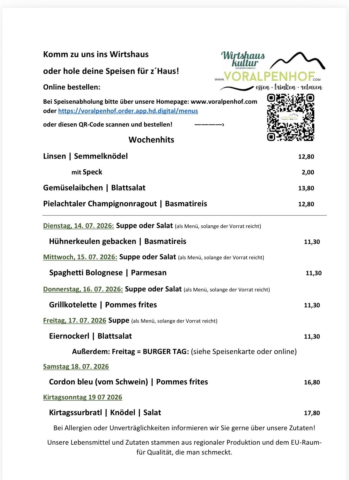 Weekly menu for Voralpenhof restaurant, featuring various dishes and their prices, along with a QR code for ordering.