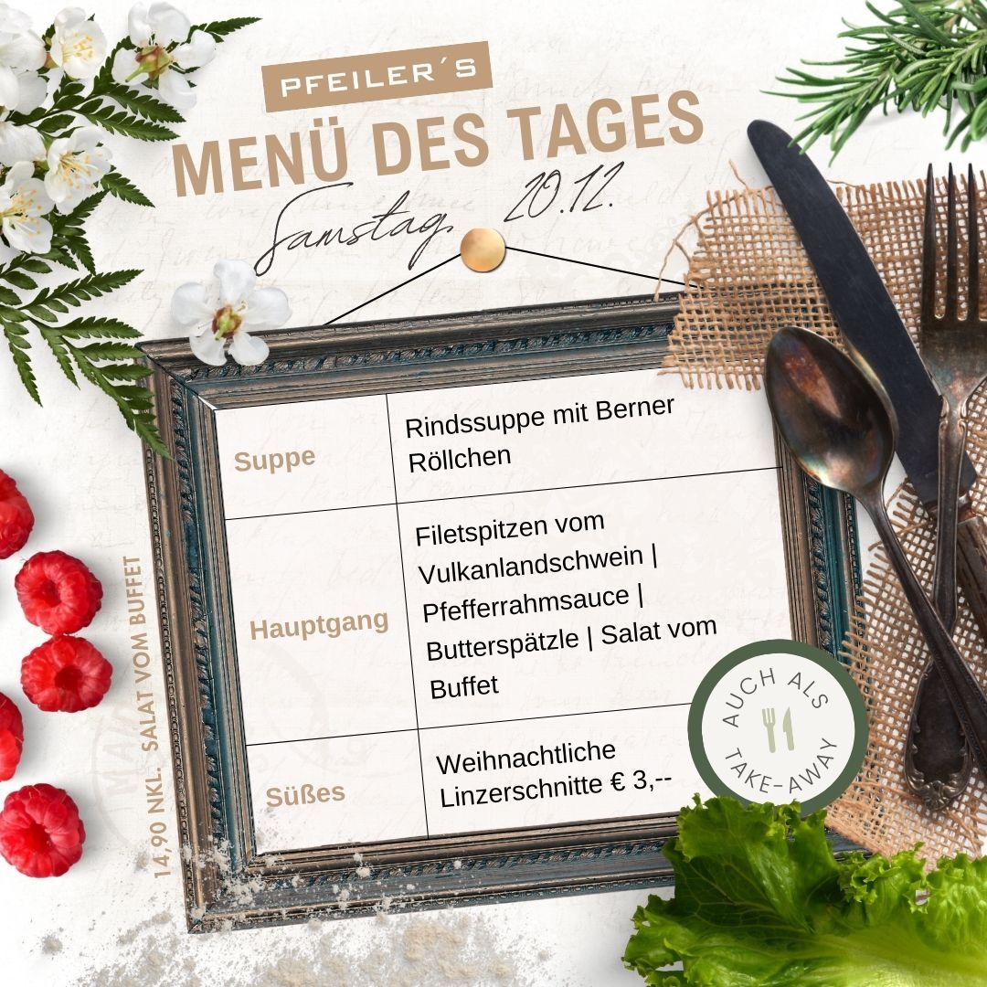 Menü des Tages für Samstag, 20.12., auf weißem Hintergrund. Eine Speisekarte in einem Rahmen listet die Gerichte auf, einschließlich Rindersuppe, Hauptgang und Dessert. Utensilien und Beeren sind um den Rahmen herum platziert.