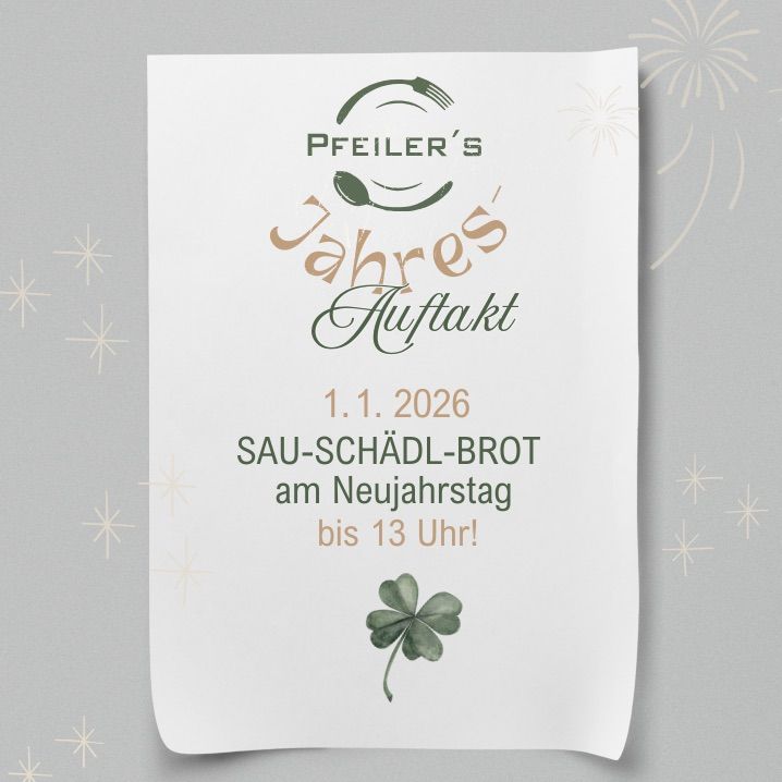 Plakat für Feier's Jahresauftakt am 1.1.2026 mit einem grünen vierblättrigen Kleeblatt und einem festlichen Hintergrund mit Feuerwerk.