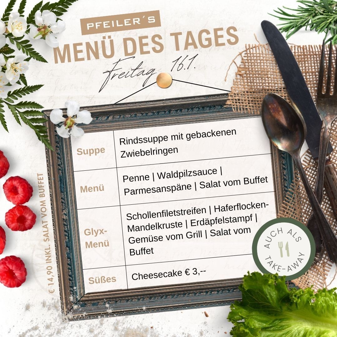 Menu of the day on Friday, 16th. Soup: Beef soup with meatballs. Main Course: Penne with tomato sauce and Parmesan shavings. Side: Grilled vegetables salad and salad from the buffet. Dessert: Cheesecake, priced at 3 euros and above. Also available for takeout.