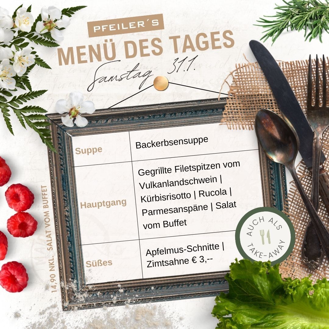 Das Tagesmenü bei Pfeifer's umfasst eine Suppe aus gegrillten Filetstücken, ein Hauptgericht von Kürbisrisotto mit Rucola und eine Salatauswahl vom Buffet. Das Dessert besteht aus Apfelscheiben mit Zimt. Der Preis für das Dessert beträgt 3 Euro.