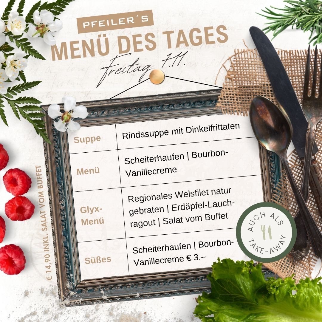 Eine Menükarte von Pfeifers Restaurant zeigt eine Suppe, ein Hauptgericht und ein Dessert mit Preisen. Die Karte ist gerahmt und auf einem Tisch mit Besteck, Blumen und einem Salat platziert. Das Menü umfasst eine Suppe mit dunklem Brot, ein Hauptgericht mit Sauerkraut und Bourbon-Vanillecreme und ein Dessert mit Sauerkraut und Bourbon-Vanillecreme. Der Salat ist im Preis inbegriffen.