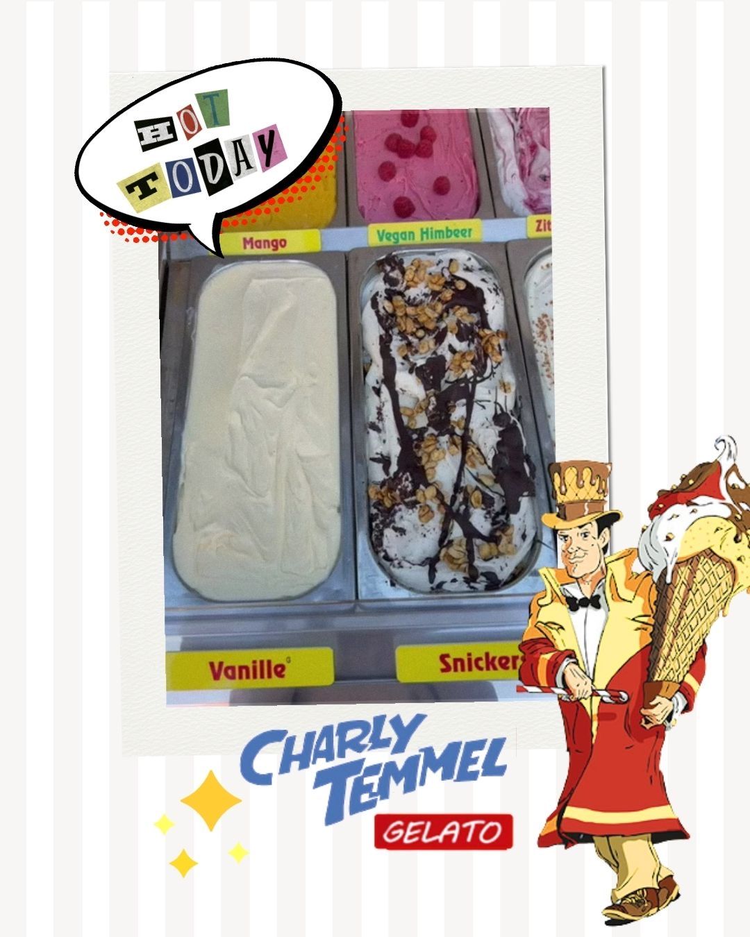 Eine Cartoonfigur hält einen Eisbecher, und eine Gelato-Ausstellung zeigt Vanille-, Snickers- und Mango-Geschmack.