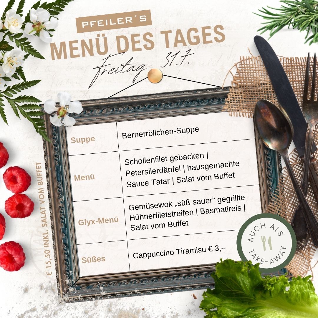 Ein gerahmtes Menü für einen Freitag, bestehend aus Suppe, Hauptgericht und Dessert, umgeben von Besteck und frischen Beeren.