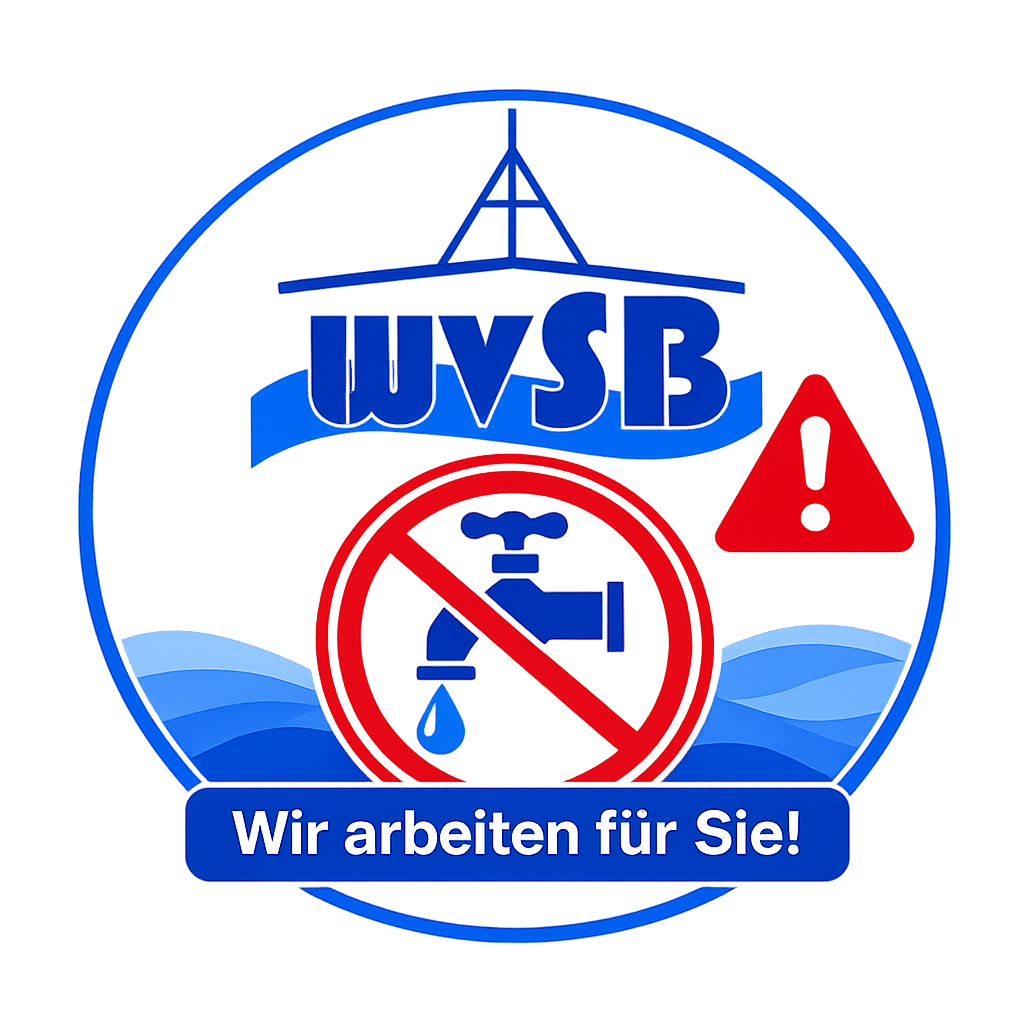 A circular logo with blue and red colors. It features the text 'WYSB' at the top, a red circle with a faucet crossed out in the middle, and a red exclamation mark on the right. Below the logo, there is a blue banner with the text 'Wir arbeiten für Sie!' which translates to 'We work for you!' in English.
