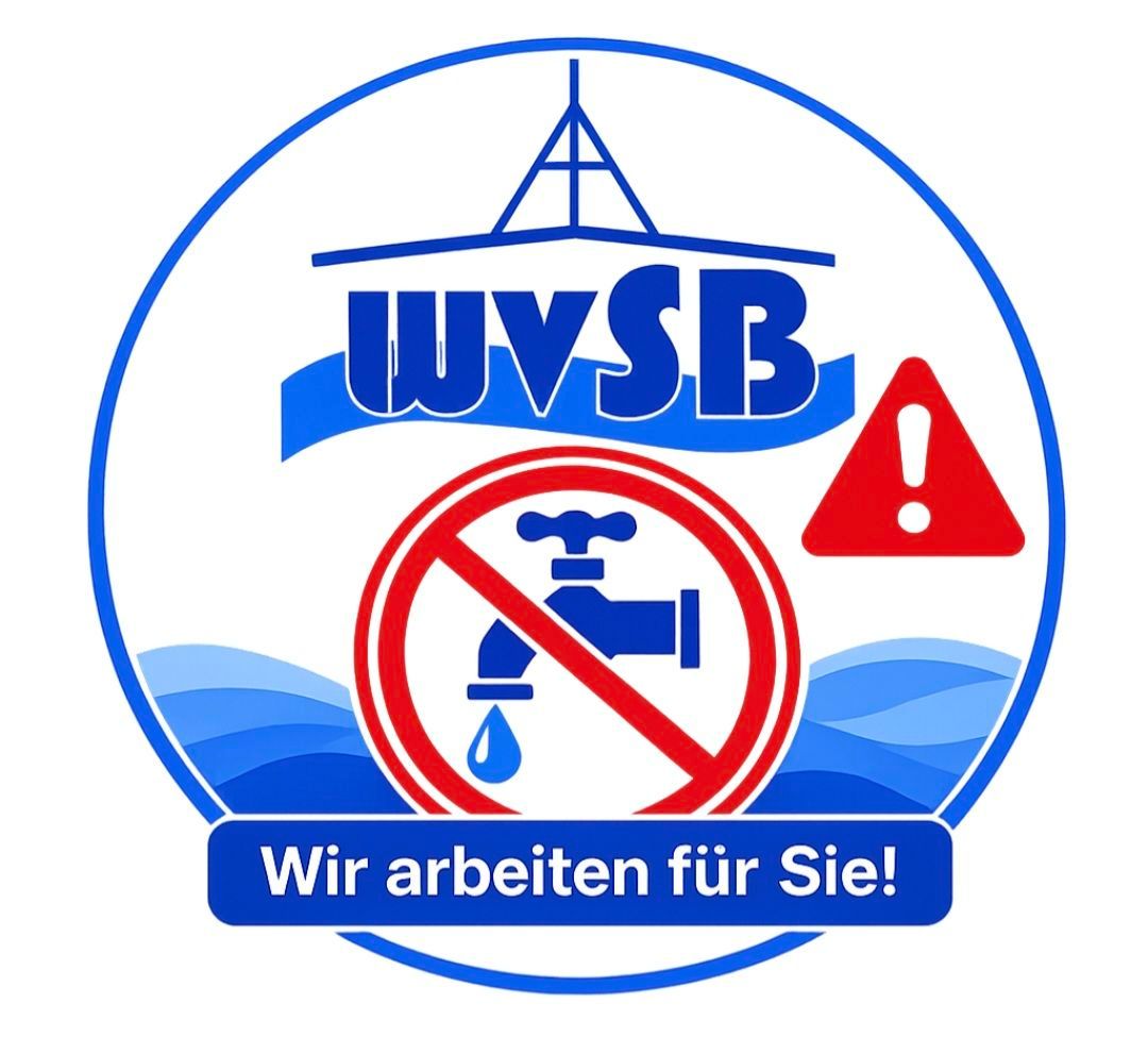 Logo for water conservation with a boat, water droplet, and a faucet with a red cross sign. It reads 'We work for you!' in German.