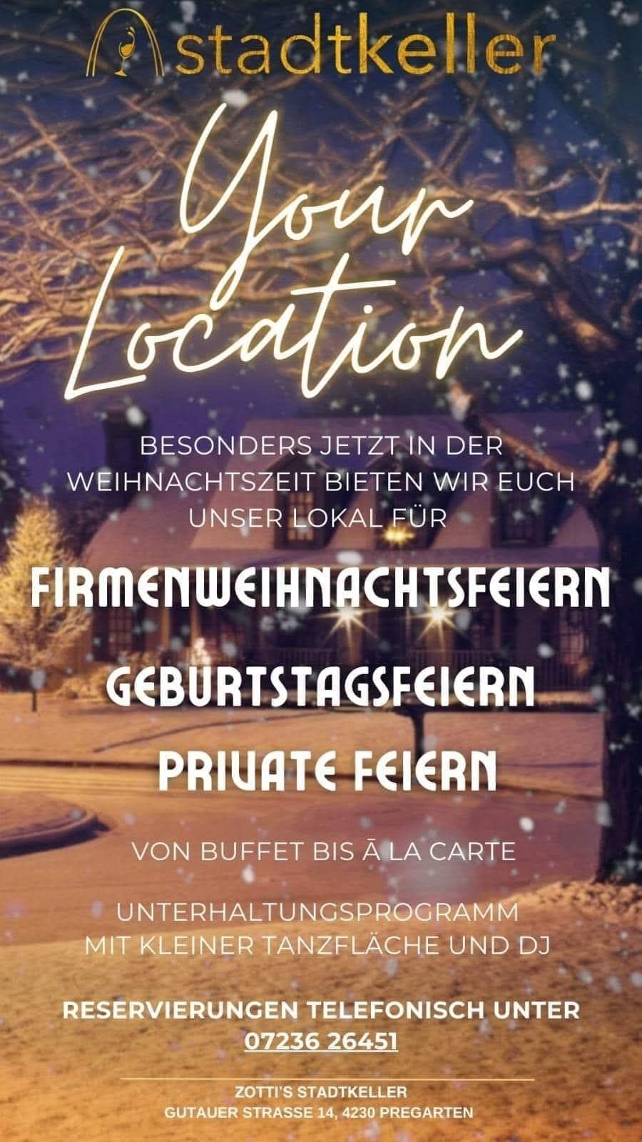 Ein Plakat bewirbt einen Ort, der Firmenweihnachtsfeiern, Geburtstagsfeiern und private Feiern anbietet, mit einem verschneiten Hintergrund, Lichtern und einem Haus im Hintergrund.