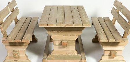 Drei Holzbänke und ein Tisch sind in einem Garten angeordnet, gefertigt aus hellem Holz. Die Bänke haben slattartige Rücken und Sitzflächen, während der Tisch ein einfaches Design hat.