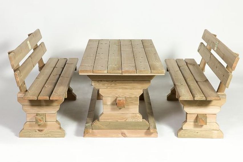 Bild enthält, Furniture, Table, Wood, Bench, Coffee Table, Dining Table, Tabletop