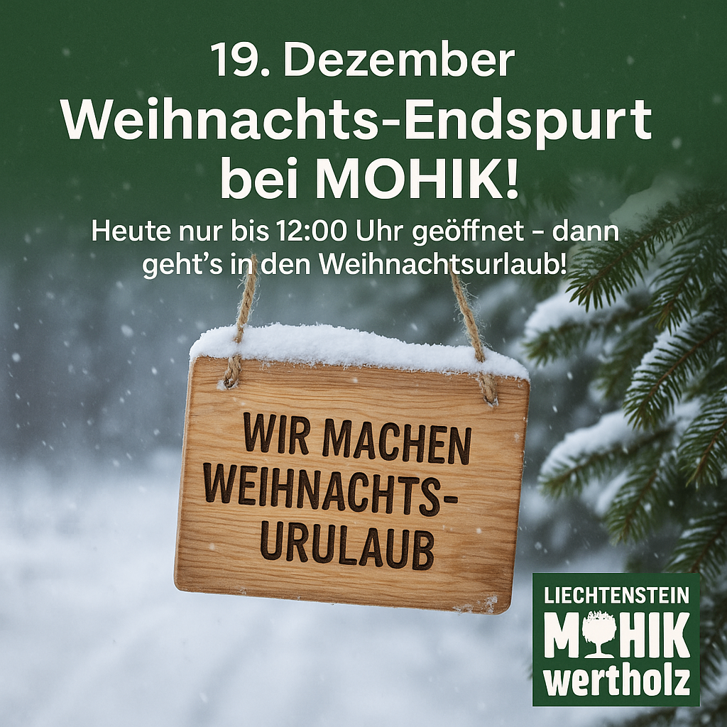 Ein Holzschild mit einem Seil, das an einem verschneiten Baum hängt und 'Wir machen Weihnachts-Urlaub' steht. Der Hintergrund zeigt eine verschneite Landschaft.