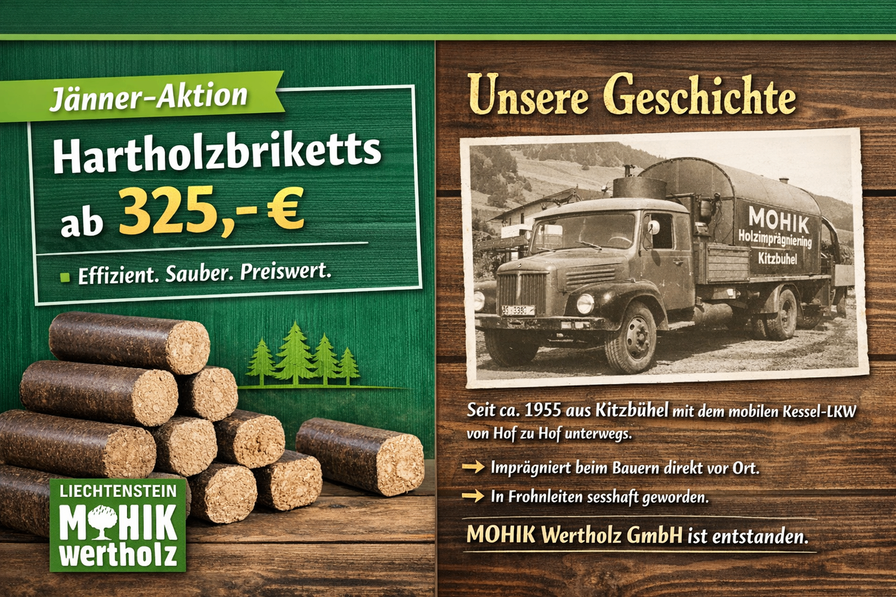 Ein Werbebanner für Holzbriketts. Der Banner hat ein Foto eines alten Lastwagens und einen Preis von 25 Euro. Der Lastwagen wurde imprägniert und steht vor einem Haus.