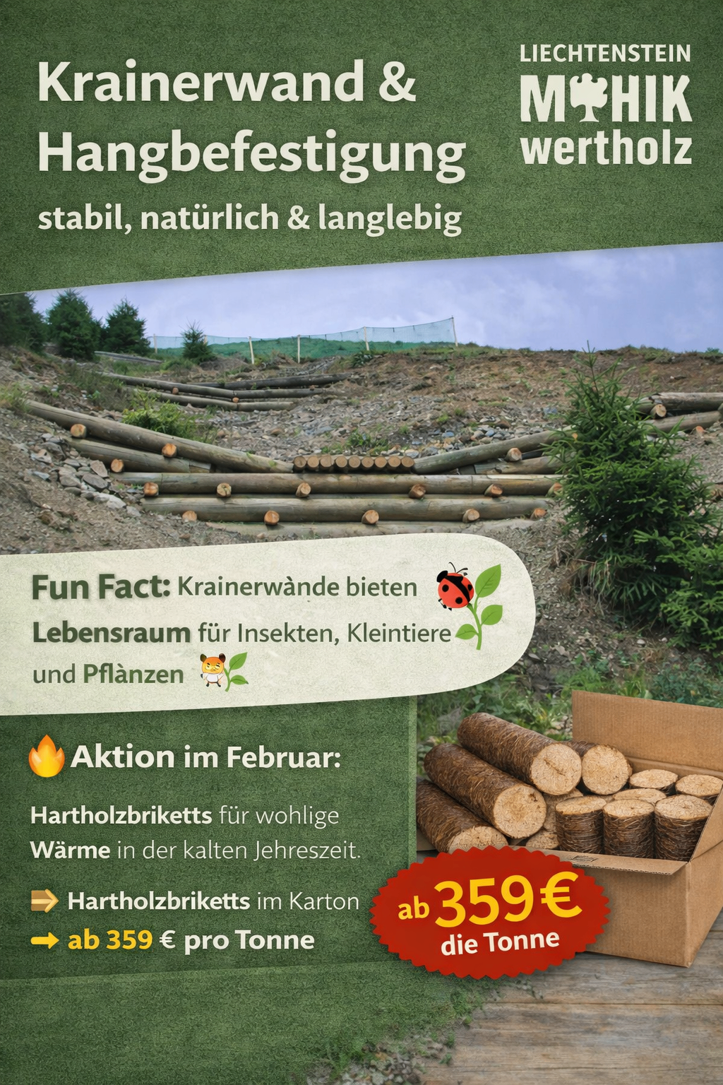 Werbung für Holzchips mit Betonung auf Stabilität, Natürlichkeit und Langlebigkeit. Fun Fact: Getreidesilowände bieten Lebensraum für Insekten, Kleintiere und Pflanzen. Aktion im Februar: Holzchips-Pakete für wohlige Wärme in der kalten Jahreszeit. Karton mit Holzchips.