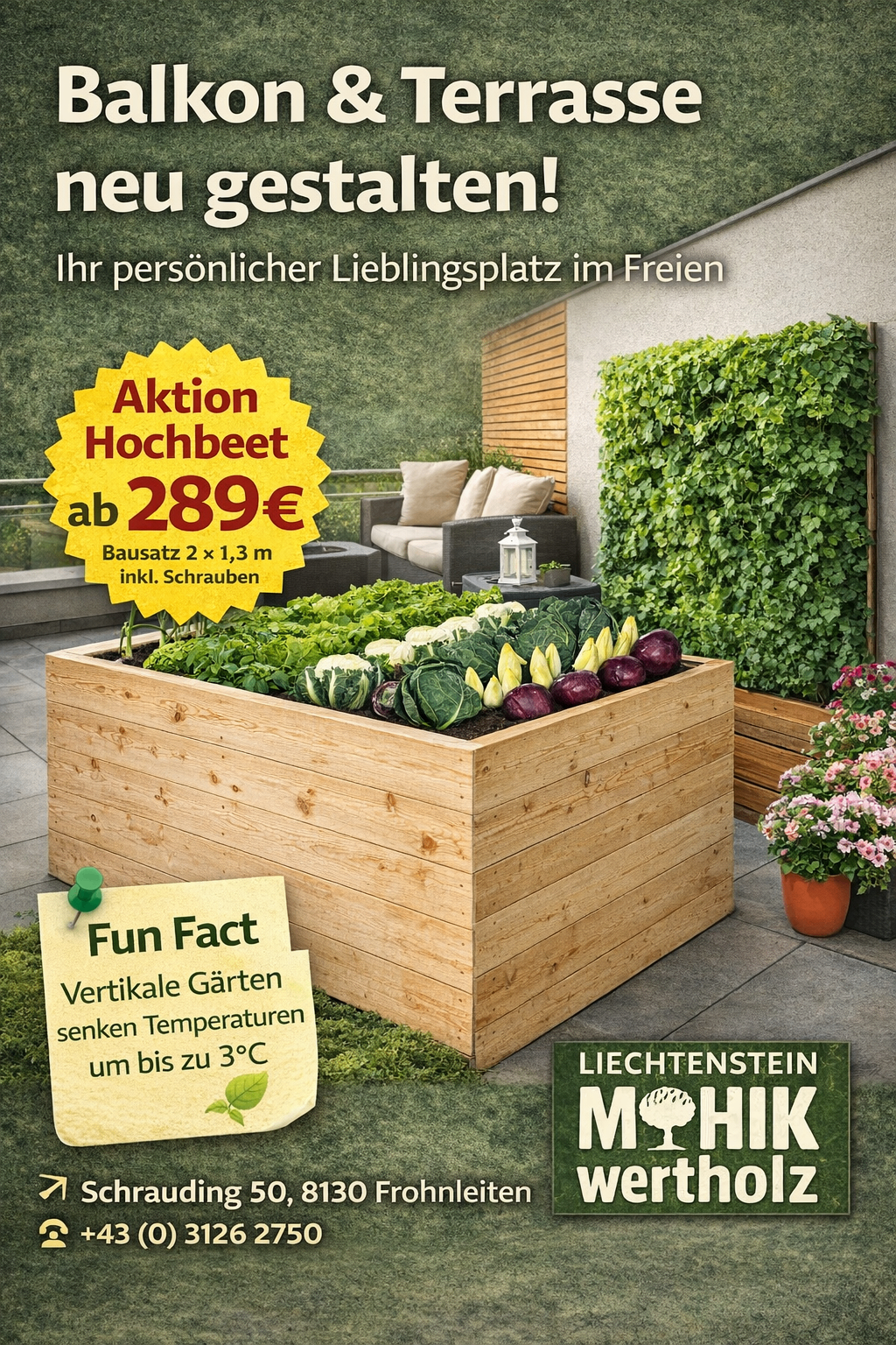 Ein hölzerner Pflanzkasten mit Gemüse und Blumen. Dahinter eine Wand mit einer Kletterpflanze und einer Couch mit Kissen. Ein Fun-Fact-Karte mit Informationen über vertikale Gärten. Preisschild mit 'ab 289€'.
