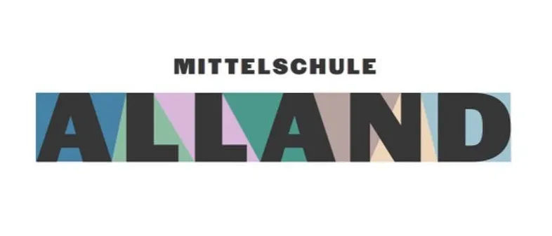 Das Bild zeigt den Begriff 'Alland' in einer modernen, stilisierten Schriftart. Daruber steht das Wort 'Mittelschule' in einer kleineren Schrift, was auf einen moglichen Bildungskontext hinweist.