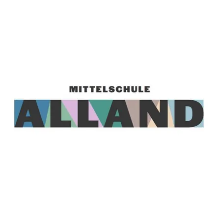 Ein farbenfrohes Logo für Mittelschule Alland, das den Text 'ALLAND' in verschiedenen Farben fett geschrieben und 'MITTELSCHULE' darüber in kleinerer Schrift zeigt.