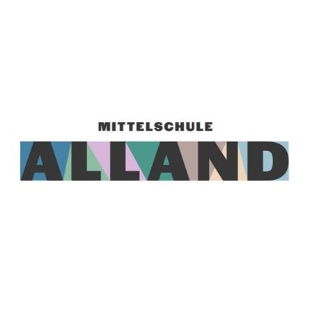Ein farbenfrohes Logo für Mittelschule Alland, das den Text 'ALLAND' in verschiedenen Farben fett geschrieben und 'MITTELSCHULE' darüber in kleinerer Schrift zeigt.
