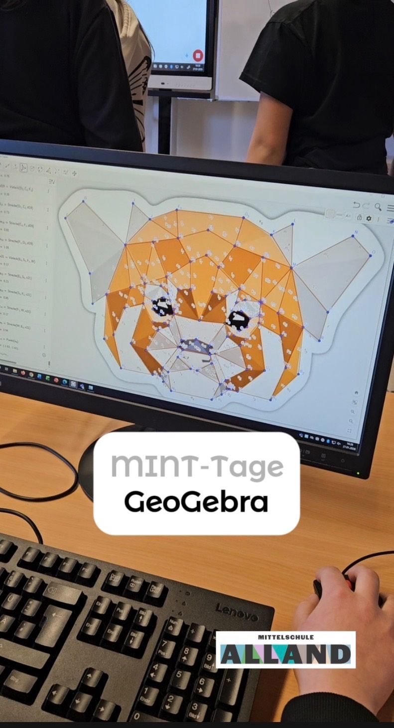A computer screen shows a geometric dog face made of orange and gray triangles with the text 'MINT-Tage GeoGebra' displayed on the screen.