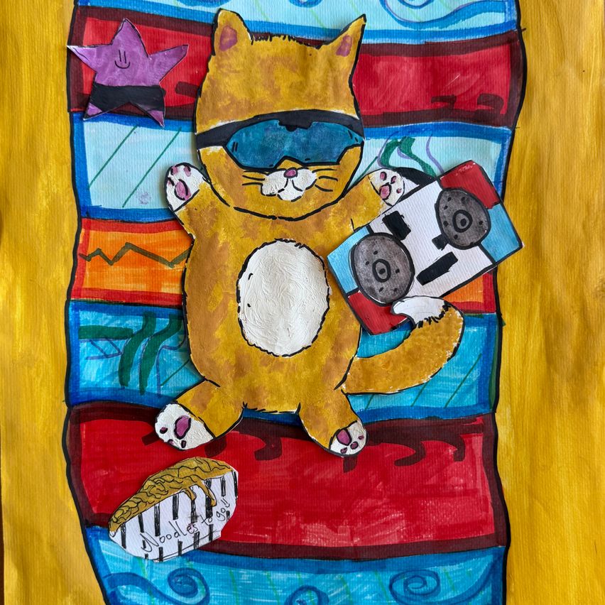 Eine Illustration einer Katze mit einer Sonnenbrille, die eine Schallplatte hält und auf einer bunten Decke mit einem gelben Stern liegt.