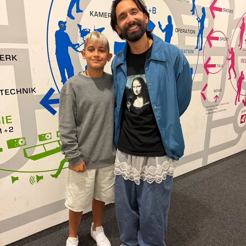 Ein Mann und ein Junge stehen vor einer Wand mit einer Karte und verschiedenen Symbolen. Der Mann trägt eine blaue Jacke und ein Shirt mit einem Mona-Lisa-Aufdruck, während der Junge eine graue Sweatshirt und weiße Shorts trägt. Sie lächeln beide und scheinen für ein Foto zu posieren.