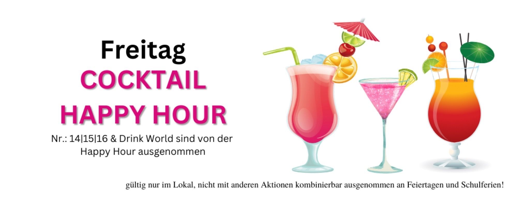 Das Bild zeigt einen Cocktail mit roter Flüssigkeit, einem grünen Strohhalm und einer roten Kirsche und Zitrone obenauf. Links steht 'TAIL HOUR' und rechts eine Nachricht auf Deutsch.