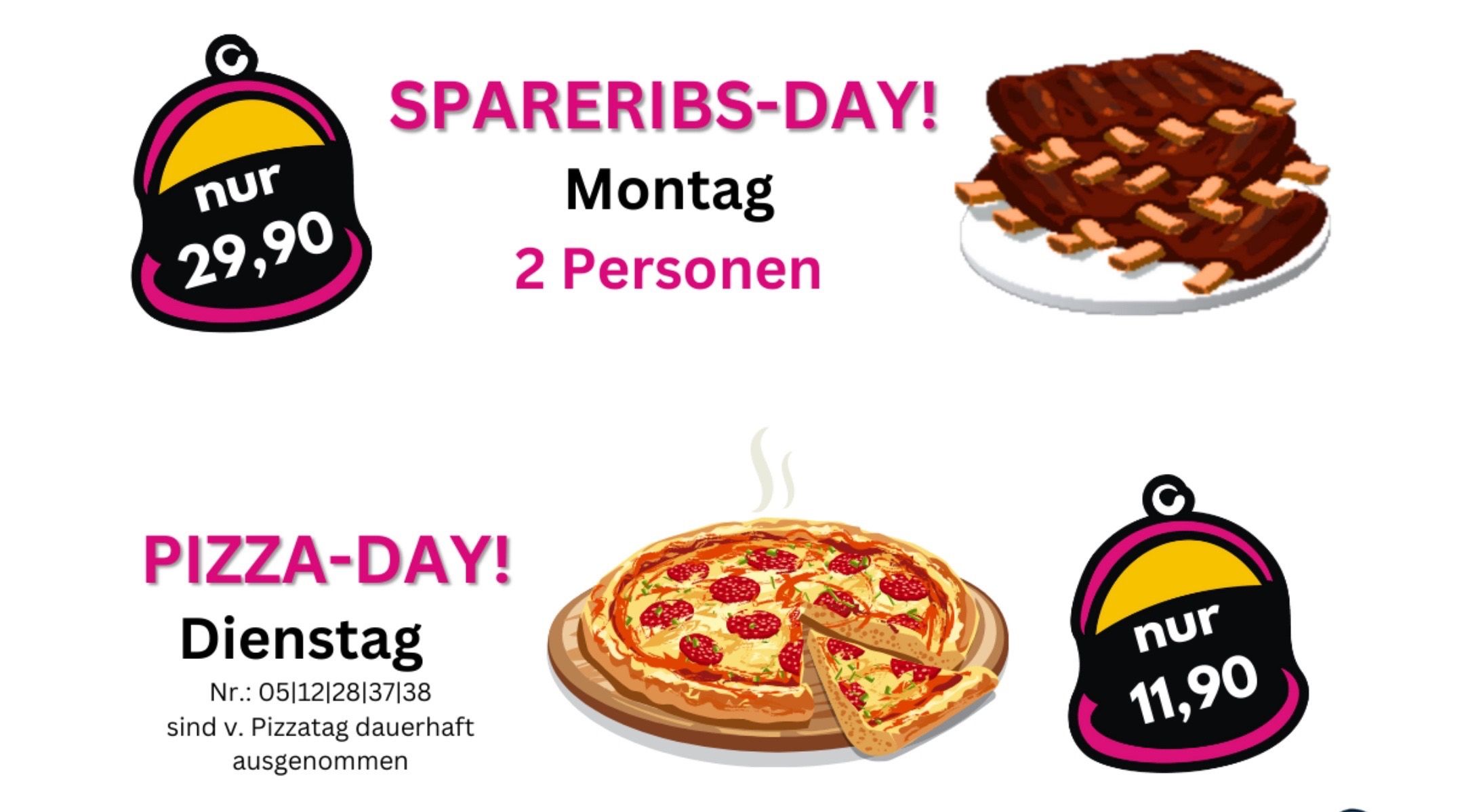 Eine Werbung für Spareribs-Day, mit Illustrationen von Rippchen und Pizza, mit Text auf Deutsch und Englisch. Das Angebot gilt für zwei Personen am Montag, mit einer Dauer von 28, 37 und 38 Tagen.