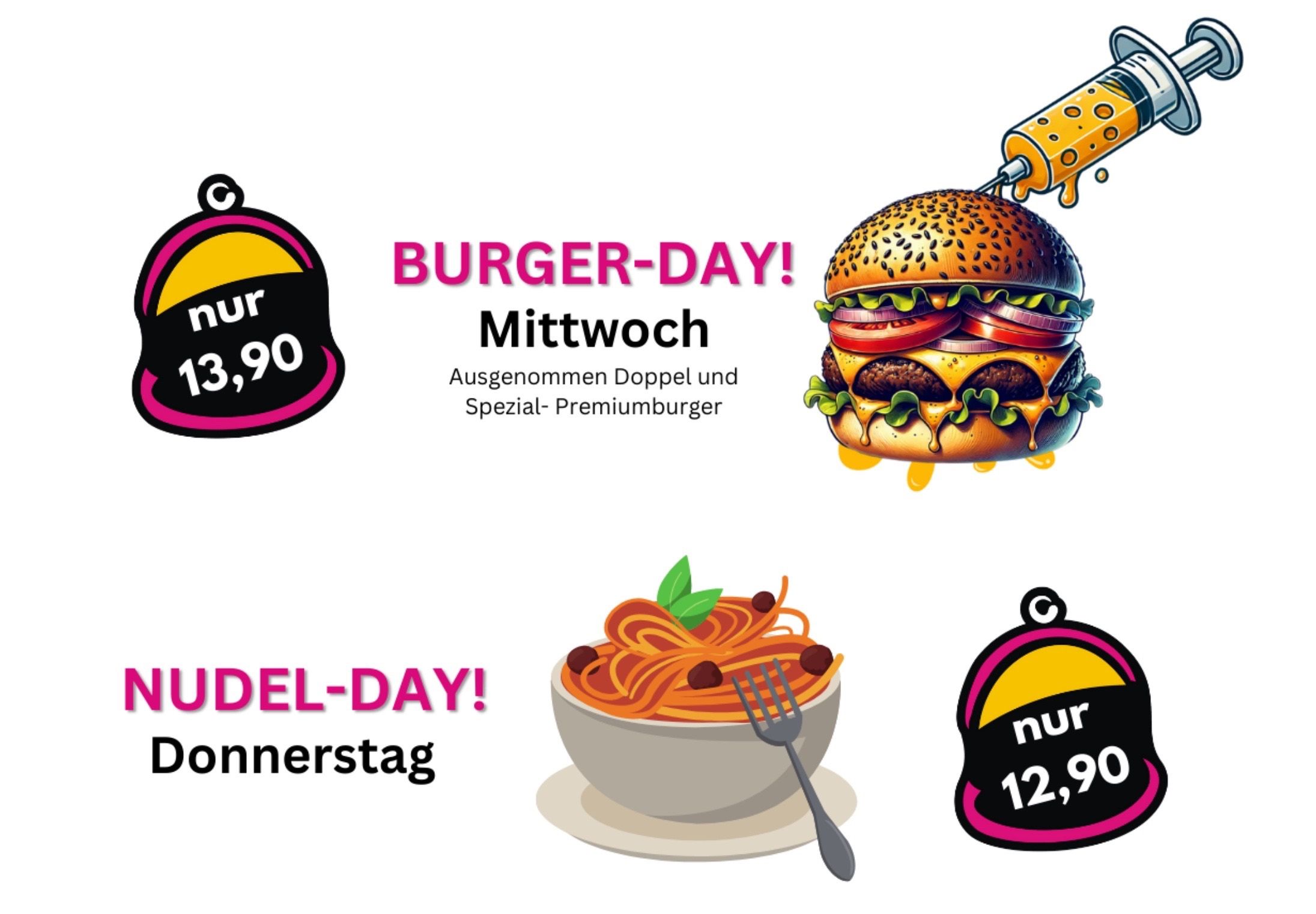 Werbebild für Burger-Tag am Mittwoch mit einem Doppel-Burger-Angebot und einem speziellen Premium-Burger für 3,90. Ein weiteres Bild zeigt eine Schüssel Pasta mit einer Gabel für 12,90 am Montag.