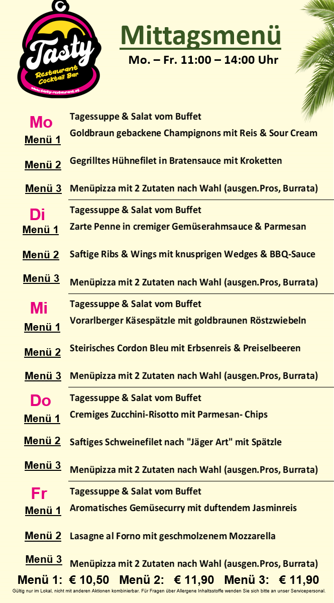 Das Tagesmenü umfasst Suppe und Salat vom Buffet, verschiedene Gerichte und eine Auswahl an Pizza mit zwei Belägen. Menüoptionen beinhalten goldbraun gebackene Champignons, Hühnchenfilet in Bratensauce und mehr.