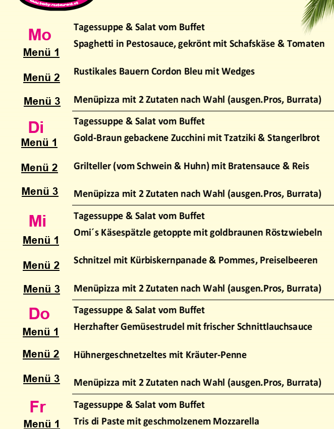 Menüoptionen umfassen Spaghetti in Pesto, rustikales Bacon Cordon Bleu und Menupizza mit 2 Belägen.