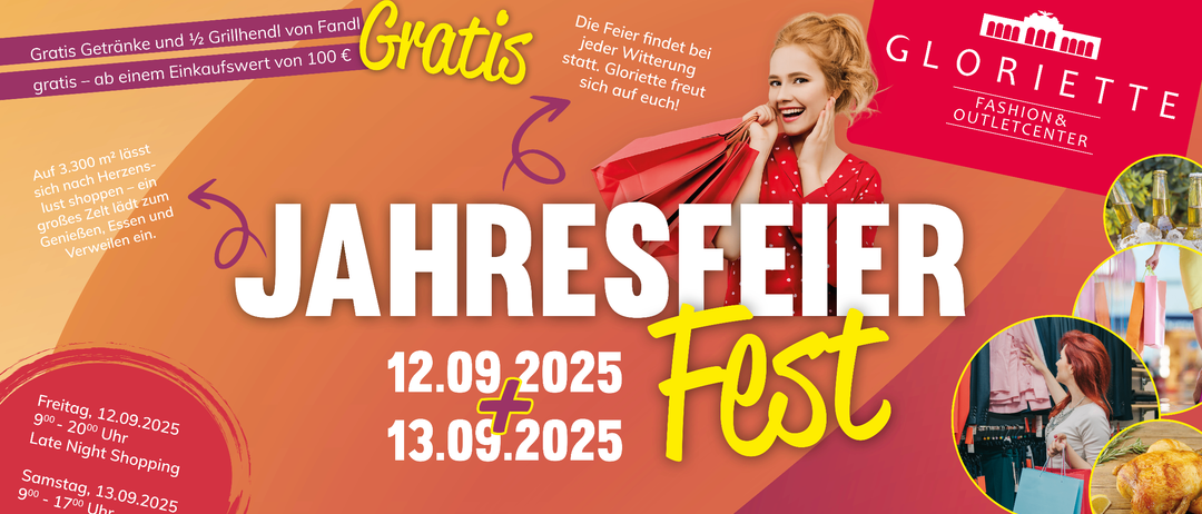 Plakat für eine kostenlose jährliche Veranstaltung, mit einer lächelnden Frau, die Einkaufstüten hält, Termine für den 12. und 13. September 2025.