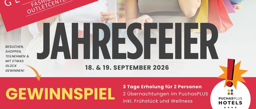 Ein Werbeplakat für die jährliche Veranstaltung des Gloriette Fashion & Outlet Centers am 18. und 19. September 2026, mit einer Frau mit Einkaufstüten, einem Essen und einem Getränk. Es zeigt ein Gewinnspiel, Rabatte und spätes Nachtshopping.