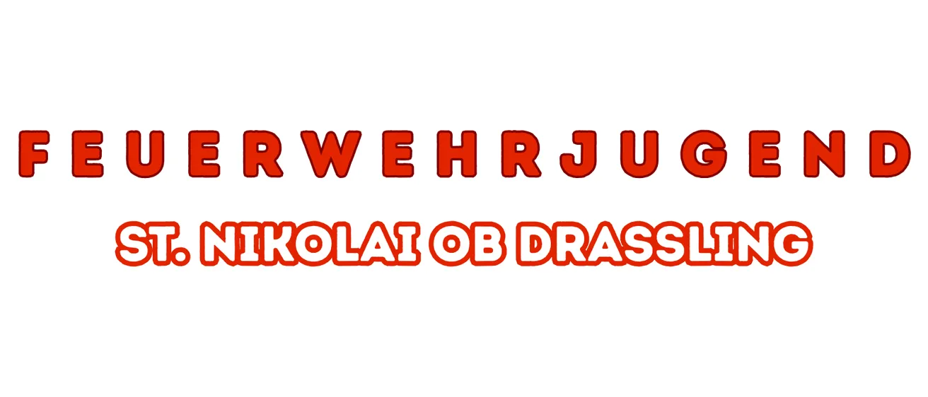 Ein weißer Hintergrund mit rotem Text. Der Text lautet oben 'FEUERWEHRJUGEND' und unten 'ST. NIKOLAY OB DRASSLING'.